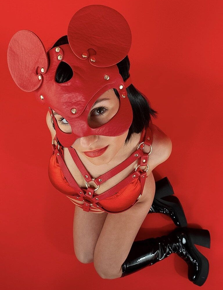 lust_Bonnie_red_Faux corn peel Vegan Leather_festival_mask_Lolli Wraps_Australia