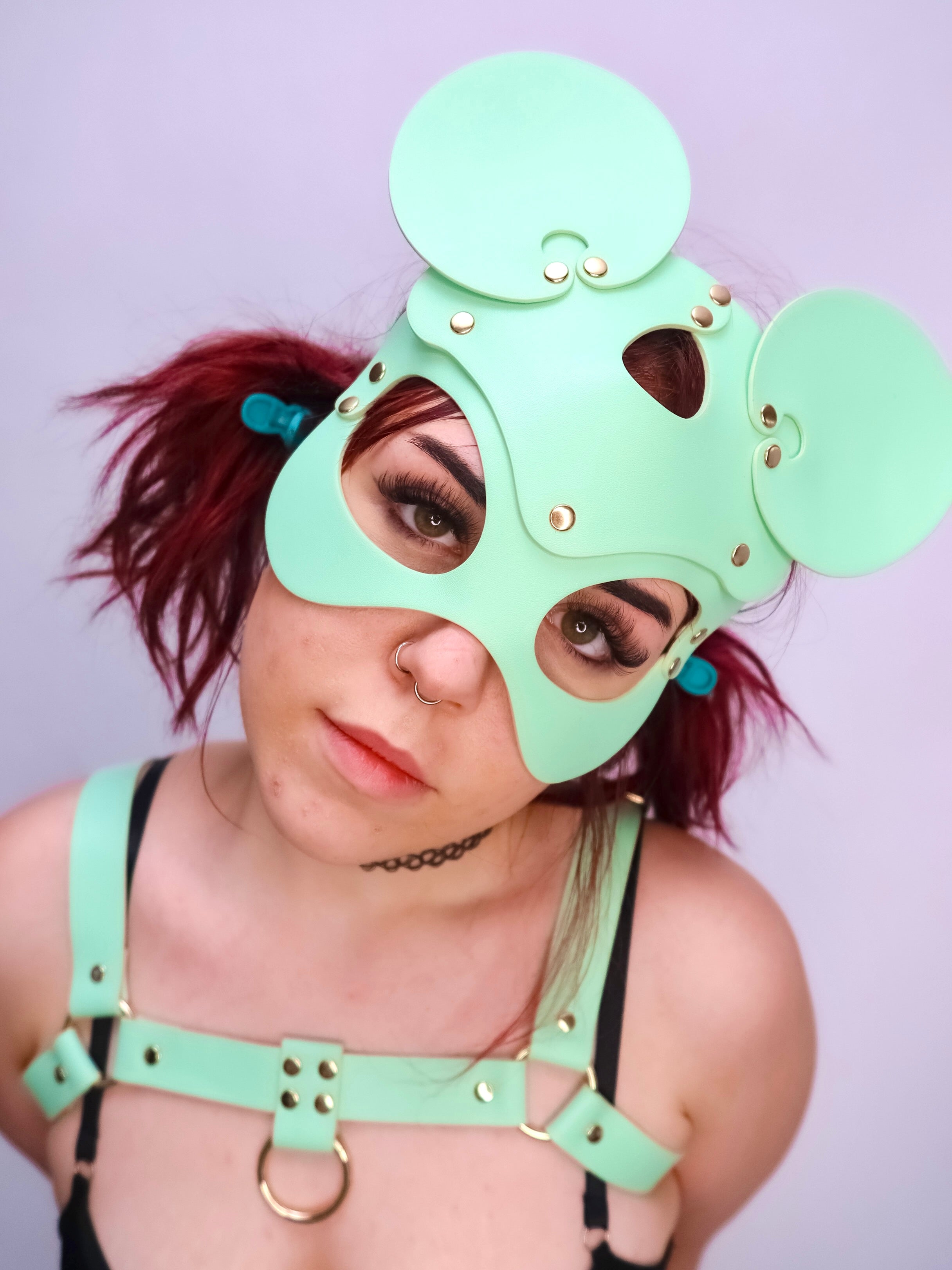 Female model wearing our Minty Bonnie Mouse Mask with our Minty Cooper Chest Harness.